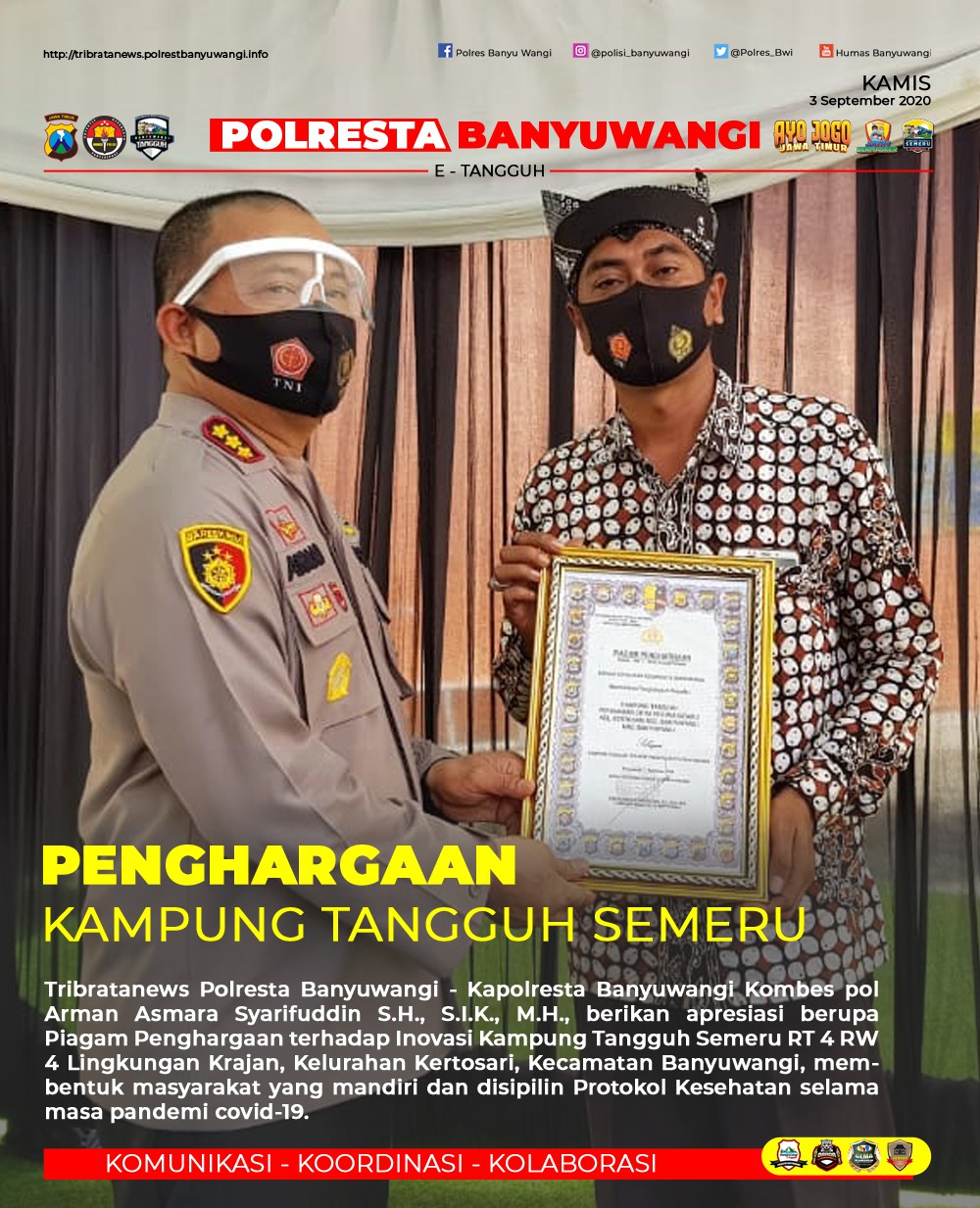 Apresiasi Penerapan Protokol Kesehatan Pada Kampung Tangguh Kertosari, Kapolresta Banyuwangi Berikan Penghargaan.